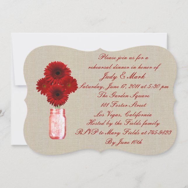 Rustic Red Mason Jar Rehearsal Dinner Invitation (Front)