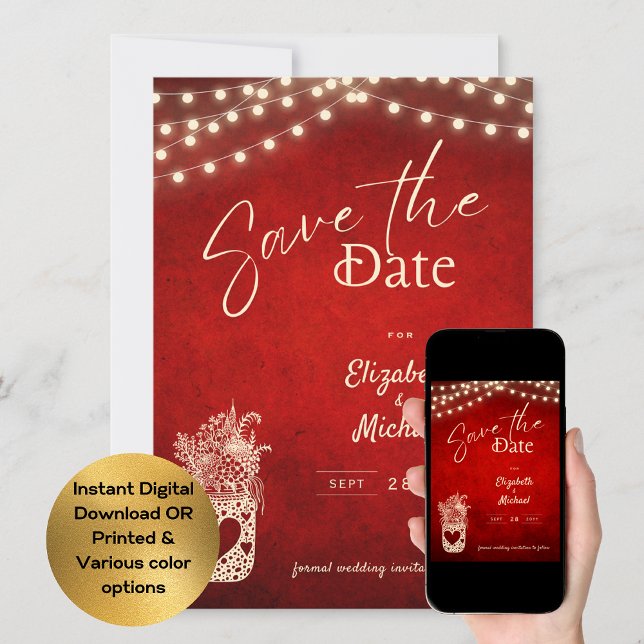 Rustic Red Mason Jar Save the Date Digital Printed Invitation (Creator Uploaded)