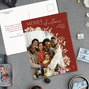 Rustic Red Merry Christmas Family Photo Postcard