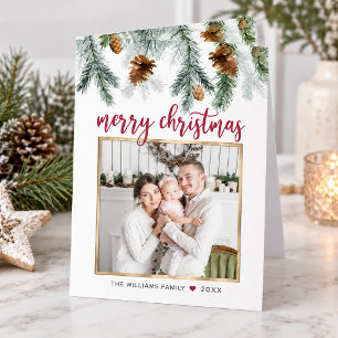 Rustic Red Merry Christmas Pine Cones Photo Holiday Card