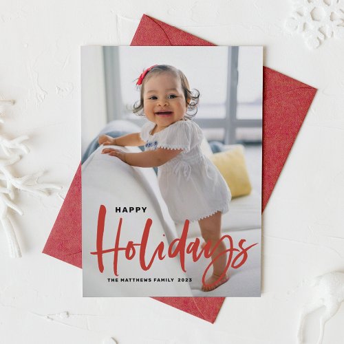 Rustic Red Modern Calligraphy Happy Holidays Photo Holiday Card