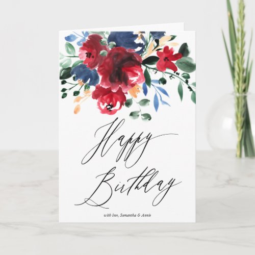 Rustic red navy floral watercolor 2 photo birthday card
