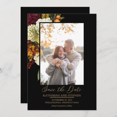 Rustic Red  Orange Floral Bouquet Photo Black Save The Date