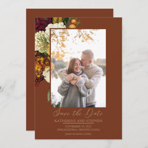 Rustic Red  Orange Floral Bouquet Photo Rust Save The Date