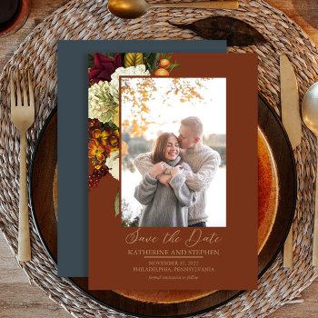 Rustic Red | Orange Floral Bouquet Photo Rust Teal Save The Date by holidayhearts at Zazzle