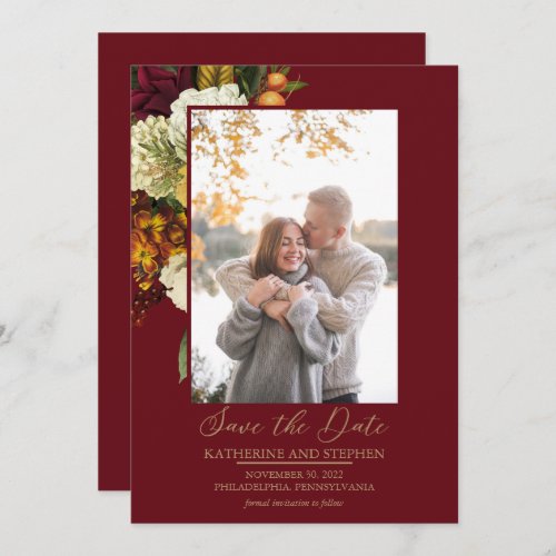 Rustic Red  Orange Floral Bouquet Photo Save The Date