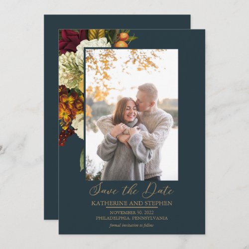 Rustic Red  Orange Floral Bouquet Photo White Sav Save The Date