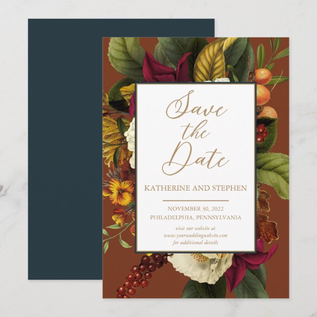 Rustic Red | Orange Floral Bouquet Teal Save The Date (Front/Back)