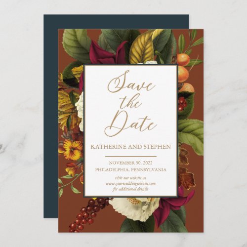 Rustic Red  Orange Floral Bouquet Teal Save The Date