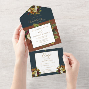 Rustic Red   Orange Floral Bouquet Teal Wedding Al All In One Invitation