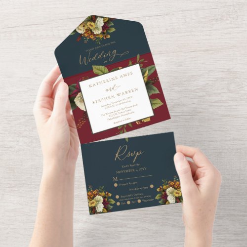 Rustic Red  Orange Floral Bouquet Teal Wedding All In One Invitation
