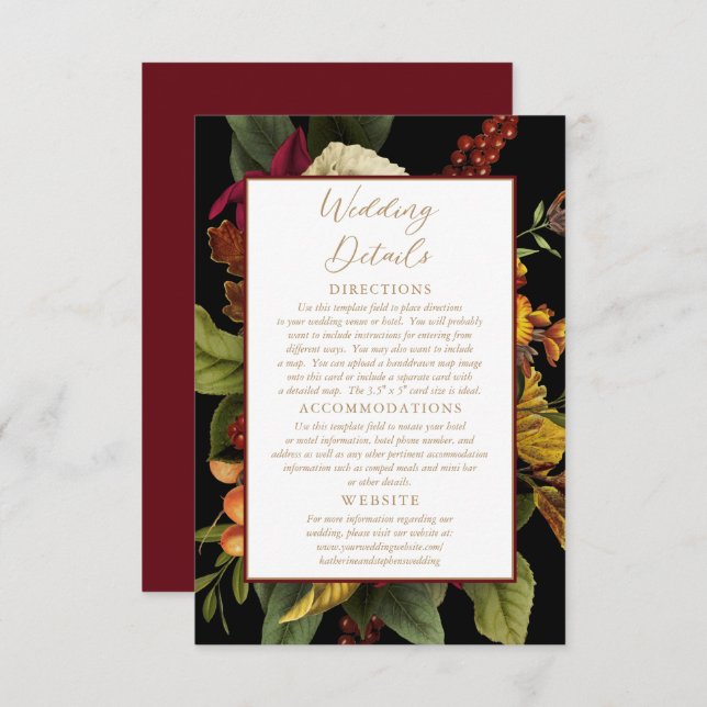 Rustic Red | Orange Floral Bouquet Wedding Details Enclosure Card (Front/Back)