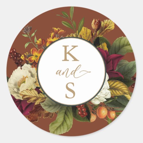 Rustic Red Orange Floral Bouquet Wedding Monogram Classic Round Sticker