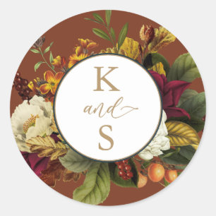 Rustic Red Orange Floral Bouquet Wedding Monogram Classic Round Sticker