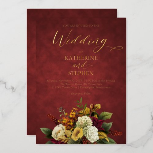 Rustic Red  Orange  Gold Floral Bouquet Wedding Foil Invitation