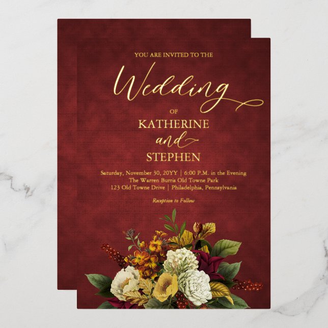 Rustic Red | Orange | Gold Floral Bouquet Wedding Foil Invitation (Front/Back)
