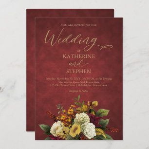 Rustic Red   Orange   Gold Floral Bouquet Wedding  Invitation