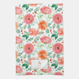 Rustic Red Orange Watercolor Flowers Monogram Kitchen Towel