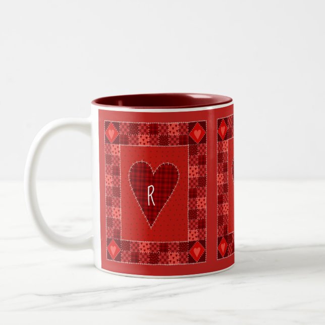 Rustic Red Patchwork Quilt Heart Monogram Two-Tone Coffee Mug (Left)