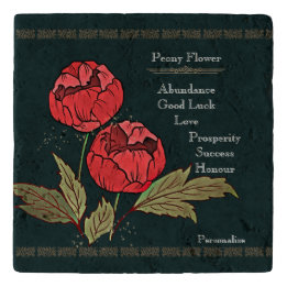 Rustic Red Peony Flower Cottagecore Green Stone Trivet