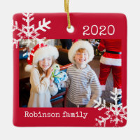 Rustic Red Photo Ornament with Snowflakes