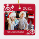 Rustic Red Photo Ornament with Snowflakes<br><div class="desc">Customize this ornament with your family photo and add your family name along with the year for this great Christmas keepsake.</div>