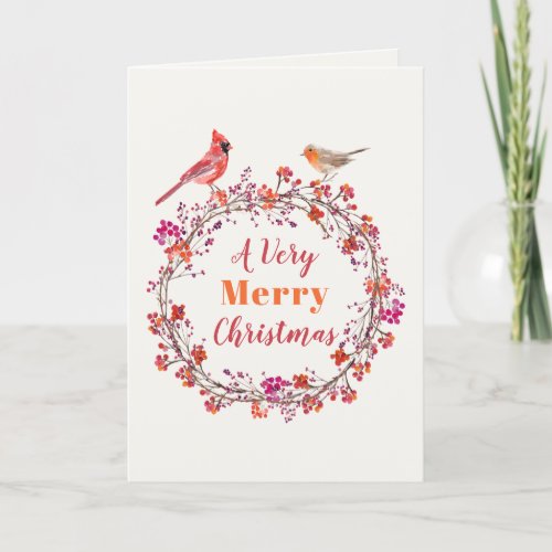 Rustic red pink and orange holly Christmas wreath Holiday Card