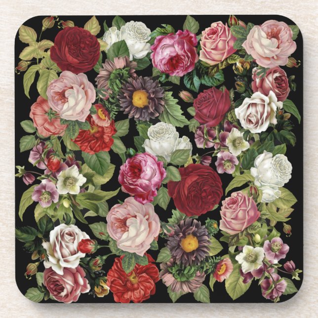 Rustic Red Pink Floral Greenery Black Beverage Coaster (Front)