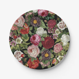 Rustic Red Pink Floral Greenery Black Colorful Paper Plates
