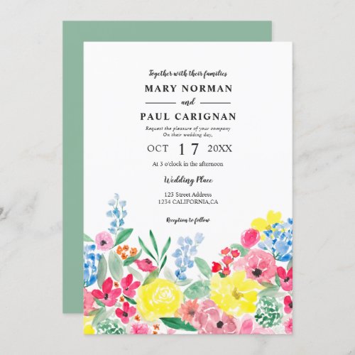 Rustic red pink floral watercolor green wedding invitation