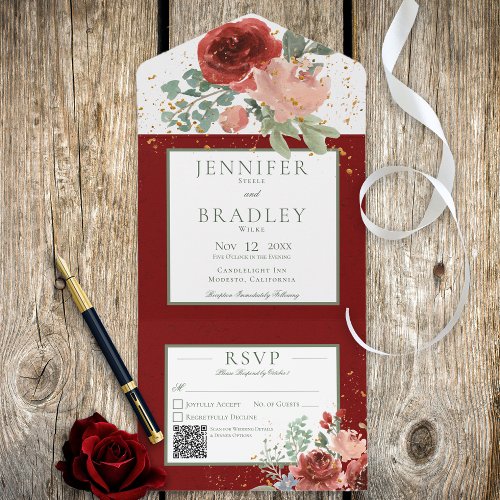 Rustic Red Pink  Gold Floral QR Code All In One Invitation