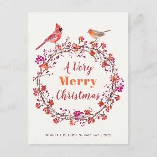 Rustic red pink orange holly Christmas wreath Holiday Postcard