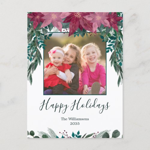 Rustic Red Pink Poinsettia Greenery Photo Holiday Postcard
