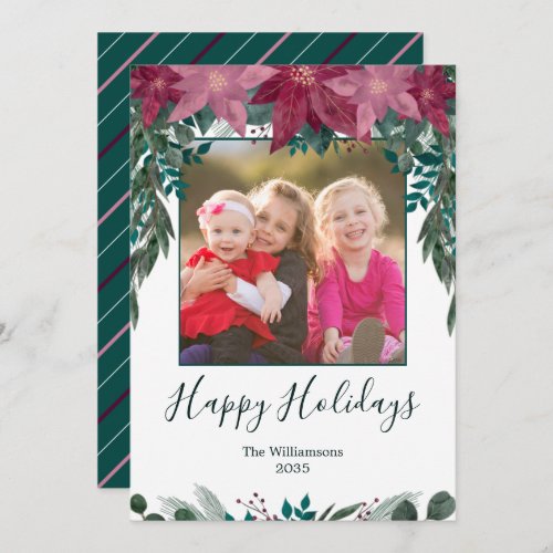 Rustic Red Pink Poinsettias Greenery Boho Photo Holiday Card
