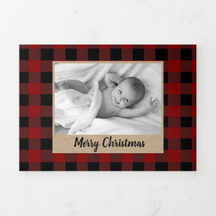 Rustic Red Plaid and kraft photo Tri-Fold Holiday Card