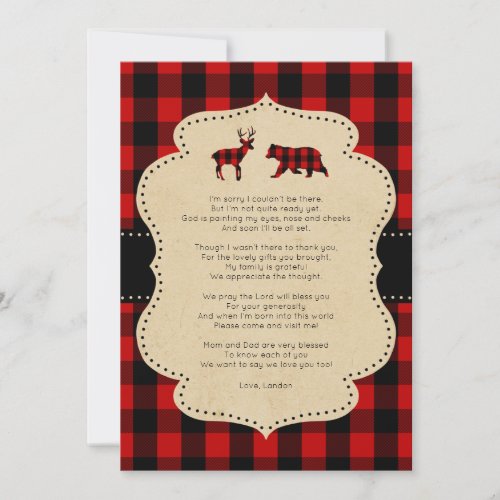 Rustic Red Plaid Buck and Bear poem thank you note Invitation