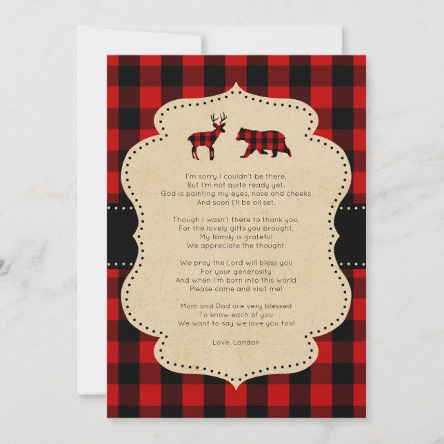 Rustic Red Plaid Buck and Bear poem thank you note Invitation (Front)