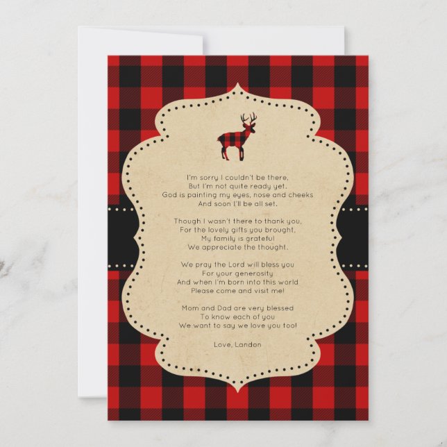 Rustic Red Plaid Buck thank you note with poem Invitation (Front)