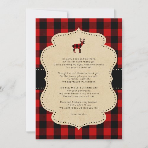 Rustic Red Plaid Buck thank you note with poem Invitation