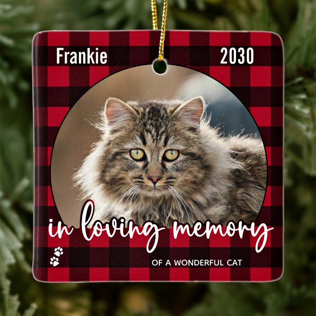 Rustic Red Plaid Cat Memorial Pet Loss Keepsake Ceramic Ornament (Creator Uploaded)