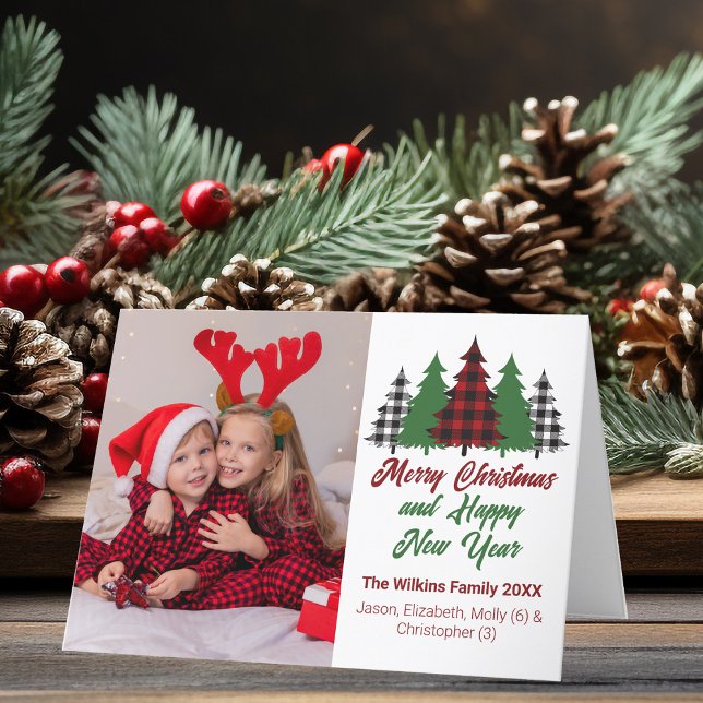 Rustic Red Plaid Christmas Trees Family Photo Holiday Card (Creator Uploaded)