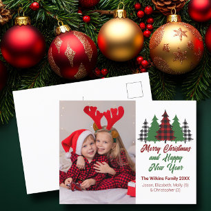 Rustic Red Plaid Christmas Trees Family Photo Holiday Postcard