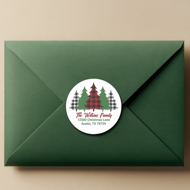 Rustic Red Plaid Christmas Trees Return Address Classic Round Sticker (Creator Uploaded)
