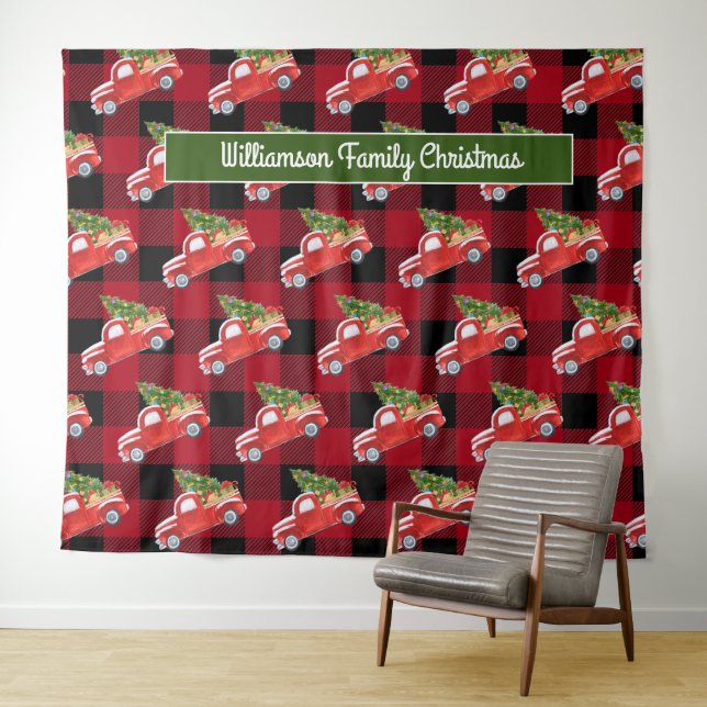Rustic Red Plaid Christmas Truck Photo Booth Tapestry (In Situ (Horizontal))