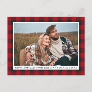 Rustic Red Plaid Couple Photo Happy Holidays Postcard