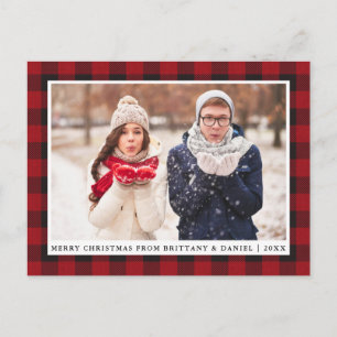 Rustic Red Plaid Couple Photo Merry Christmas Postcard