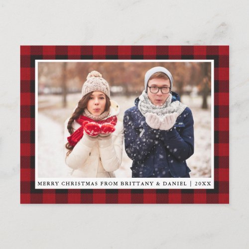Rustic Red Plaid Couple Photo Merry Christmas Postcard