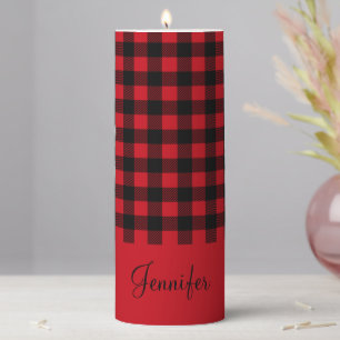 Rustic Red Plaid Custom Name Pillar Candle