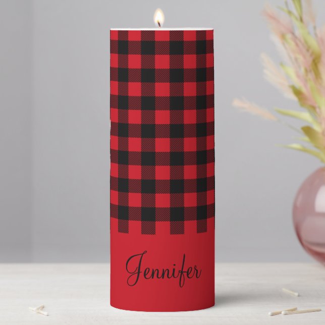 Rustic Red Plaid Custom Name Pillar Candle (In Situ)