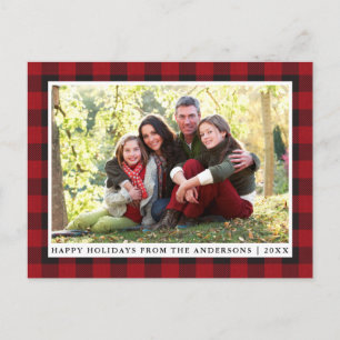 Rustic Red Plaid Family Photo Happy Holidays Postcard